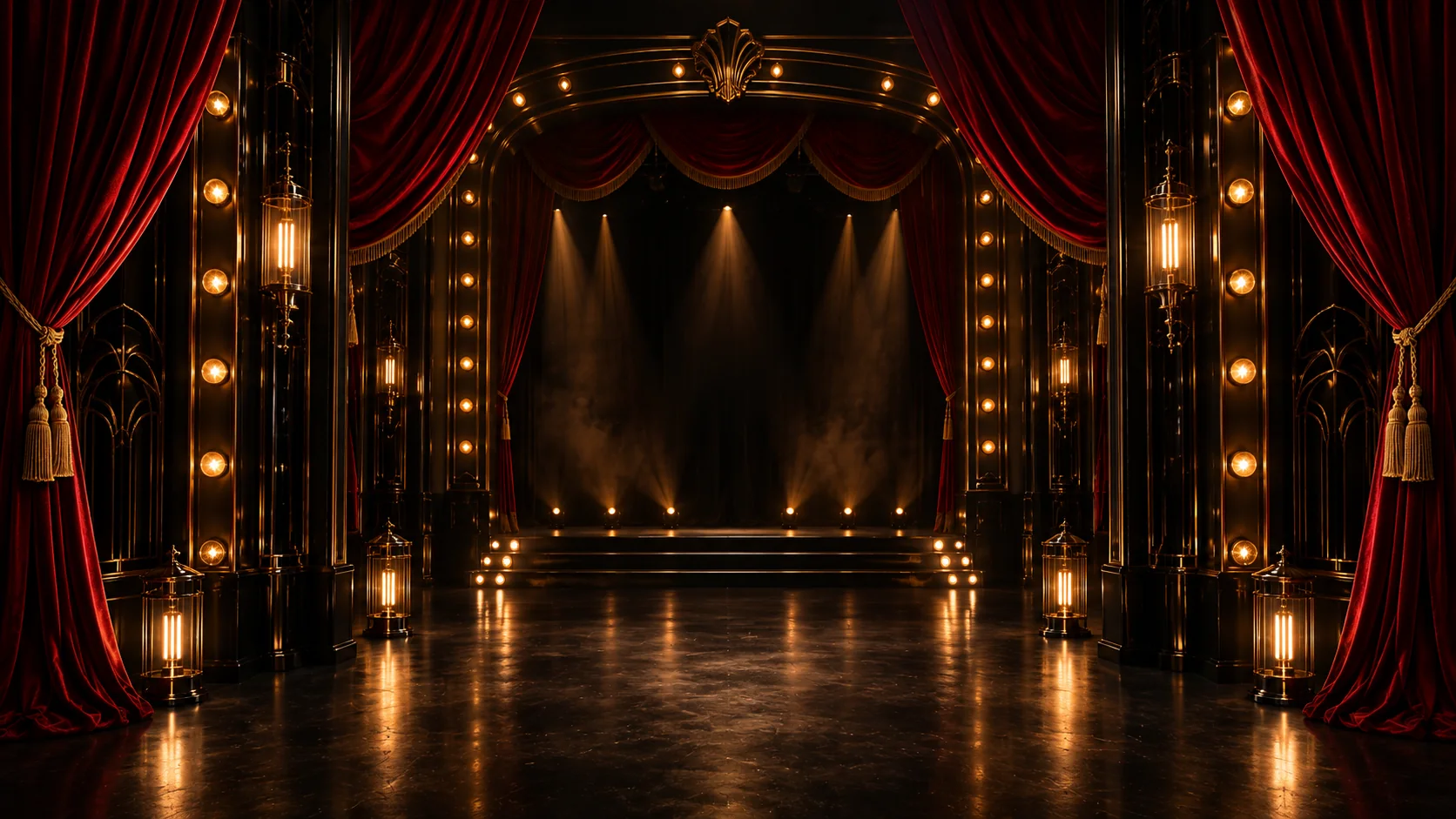 Escenario de magia clásica con telones rojos y luz dorada