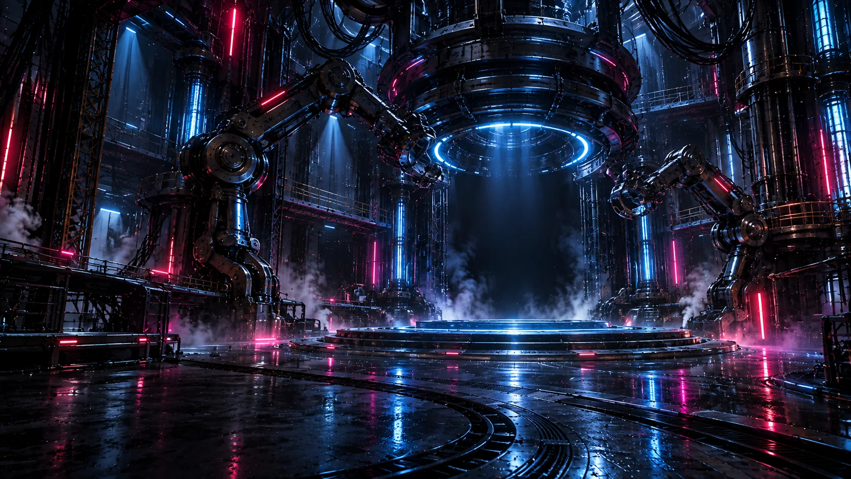 Laboratorio futurista con maquinaria y luces azules y magenta